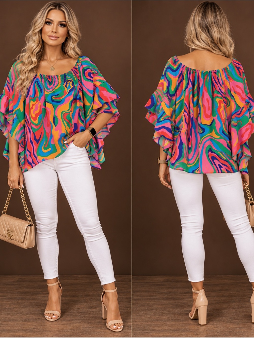 16577. SHEIN Women’s Size S Multicolor Psychedelic Off Shoulder Flutter Sleeve.